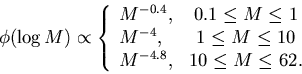 \begin{displaymath}
\phi(\log M) \propto \left\{
\begin{array}
{lc}
M^{-0.4}, & ...
 ...eq M \leq 10\ M^{-4.8}, & 10 \leq M \leq 62.\end{array}\right.\end{displaymath}