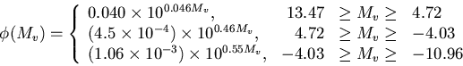 \begin{displaymath}
\phi(M_v) = \left\{
\begin{array}
{lrcl}
0.040\times
10^{0.0...
 ...10^{0.55 M_v}, & -4.03 &\geq M_v \geq& -10.96\end{array}\right.\end{displaymath}